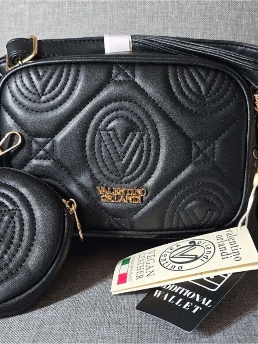 Valentino Orlandi Black Quilted Vegan Leather Crossbody with Coin Pouch